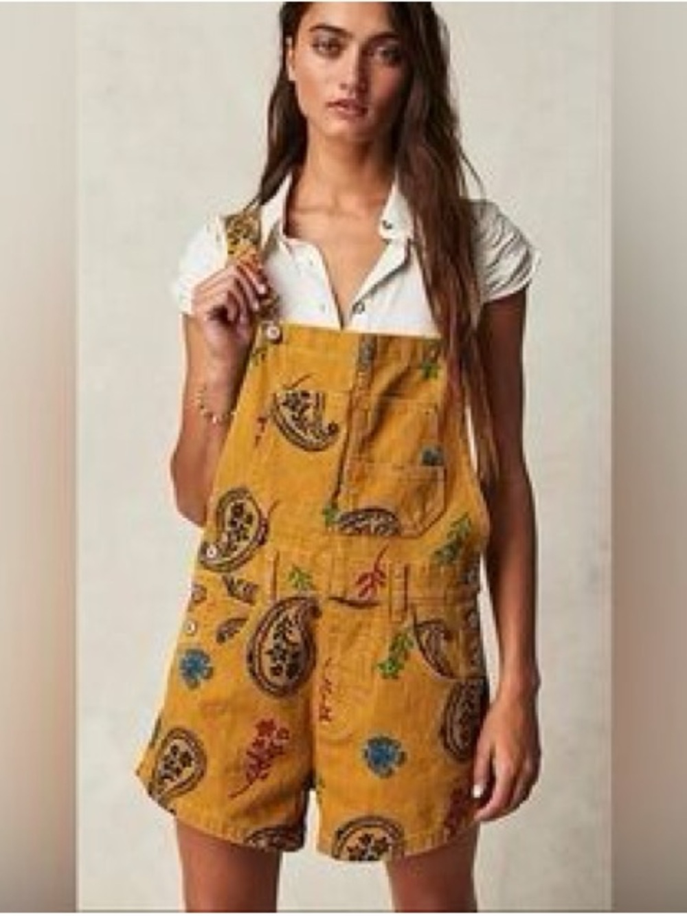 We the Free Ziggy Shortalls Mustard Paisley Size XS boho-chic coastal cowgirl